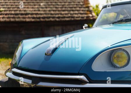 Langeac, France - May 27, 2023: Background image on the logo located on the hood of the Citroen ds 21 Stock Photo