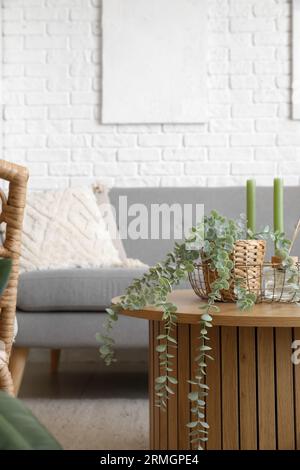 Coffee table with aroma candles and houseplant in bright living room Stock Photo