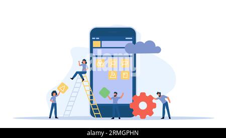 Mobile app development vector concept illustration design. Application create business phone web interface screen. Flat developer construction smartph Stock Vector