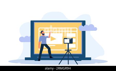 Video vloger business vector illustration concept. Web vlog design social media broadcast advertising creator. Online stream webinar movie tutorial. E Stock Vector