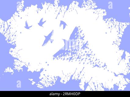 A flock of flying birds in the sky with blue clouds. Abstraction one bird and many small ones. Vector illustration Stock Vector