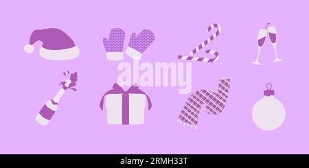 Set of Christmas elements. Santa's hat, Christmas tree toy, gift, scarf and mittens. Vector isolated elements in purple hues. Stock Vector