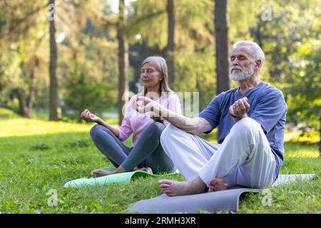 Senior retired family couple man and woman in lotus pose meditating in park sitting on sports mat with eyes closed active people doing fitness resting. Stock Photo