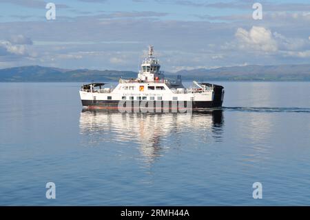 Claonaig to Lochranza, car and passenger Ferry,  Isle of Arran, Scotland. Ferry is has just left Lochranza. August 2023 Stock Photo