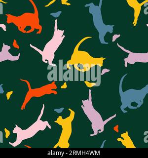 Cats playing with butterflies vector illustration in flat technique. Seamless pattern Stock Vector