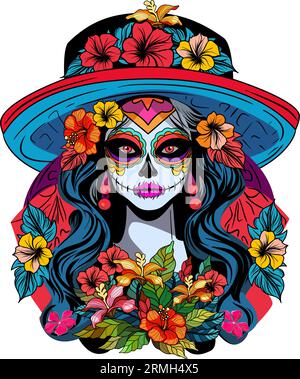 Catrina is symbol of Day of the Dead. Sugar skull with hat and flowers. Vector illustration. Stock Vector