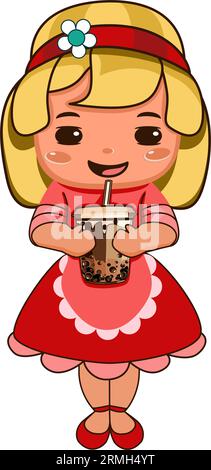 Cute little girl with a cup of a boba tea. Vector illustration. Stock Vector