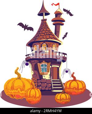 Halloween vector illustration of haunted house with pumpkins and spiders. Stock Vector