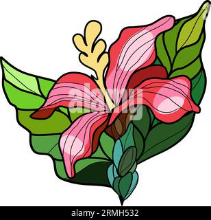 Lily flower and leaves. Vector illustration in stained glass window technique Stock Vector