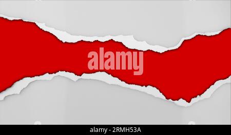 Hole ripped in grey paper on red background Stock Photo