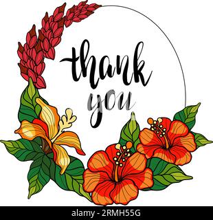 Thank you frame with hibiscus flowers and leaves vector illustration Stock Vector