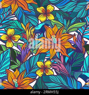 Seamless tropical pattern with flowers and leaves in doodle technique vector illustration Stock Vector