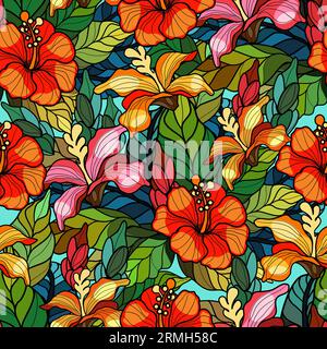 Seamless floral pattern with hibiscus flowers and leaves in stained glass style vector illustration Stock Vector