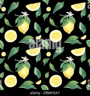 Watercolor seamless pattern lemon, slices, flower, leaves on black background, hand-painted in botanical style, for holiday, wedding, food design Stock Photo