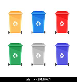 Assorted trash in color urns isolated on white background. Vector recycle concept. Bins for recycling with sorted garbage. Stock Vector