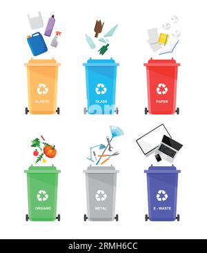 Assorted trash in color urns isolated on white background. Vector recycle concept. Bins for recycling with sorted garbage. Stock Vector