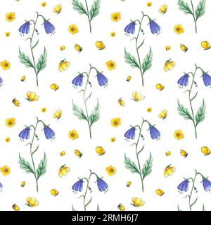 Watercolor seamless pattern yellow and blue wildflowers on white background, hand-painted illustration in botanical style, printing fabric, wallpaper Stock Photo