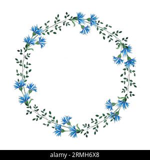 Watercolor frame with wildflowers, hand-painted in botanical style for holiday and wedding cards. Wreath of blue flowers and leaves isolated on white Stock Photo