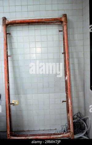 A disassembled metal scaffold, a temporary structure constructed using ...