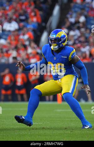 Los Angeles Rams linebacker Keir Thomas (96) and linebacker Jake Hummel  (59) run out of the tunnel before a preseason NFL football game against the  Cincinnati Bengals, Saturday, Aug. 27, 2022, in