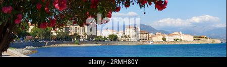 Panoramic view of the Ajaccio with main quay and public beach and red flowers in foreground. Ajaccio. South Corsica, France. Stock Photo