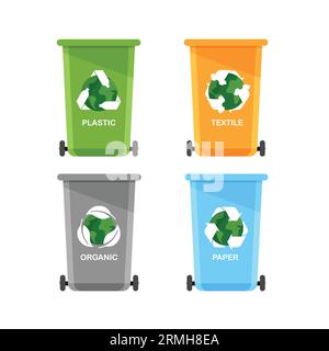 Sort your garbage. Color trash cans with recycling icon. Organic, plastic, paper, textile waste. Vector illustration in a trendy flat style isolated. Stock Vector