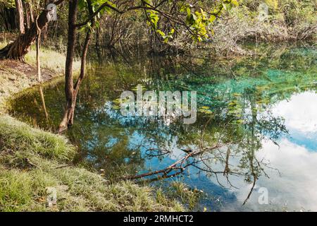 crystal clear waters of Crater Azul (Blue Crater) in northern Guatemala Stock Photo