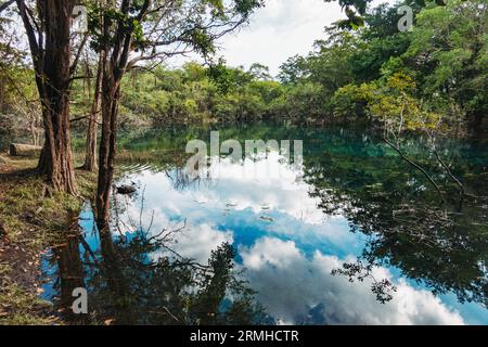 crystal clear waters of Crater Azul (Blue Crater) in northern Guatemala Stock Photo