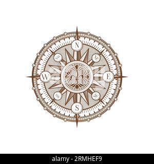 Vintage Medieval antique wind rose compass with marine navigation vector arrows. Retro wind rose compass with north, east, west and east star directio Stock Vector