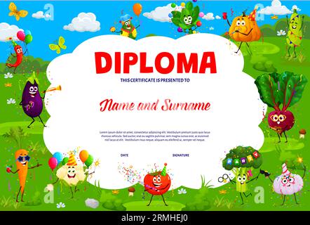 Kids diploma. Cartoon vegetable characters on holiday, school education certificate. Vector student award and gift with cute tomato, carrot, broccoli Stock Vector