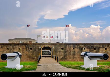 The Fort Gaines entrance is pictured looking toward the sally port, Aug. 27, 2023, in Dauphin Island, Alabama. Fort Gaines was used in the Civil War. Stock Photo