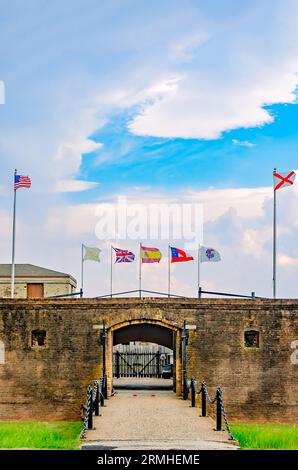 The Fort Gaines entrance is pictured looking toward the sally port, Aug. 27, 2023, in Dauphin Island, Alabama. Fort Gaines was used in the Civil War. Stock Photo