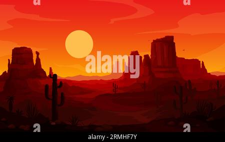 Evening sunset mexican desert landscape with cactus and flying eagle silhouettes. Vector scenic background with dramatic, vibrant red and orange color Stock Vector