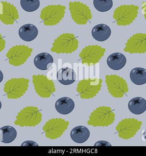Endless pattern of a blueberry and green leaves in trendy shades. Vector Abstract background texture. Design for wrapping, wallpaper or web, price tag, label, poster, banner, brochures or cards. EPS Stock Vector