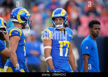 Los Angeles Rams wide receiver Puka Nacua (17) warms up before an NFL  preseason football game Saturday, Aug. 26, 2023, in Denver. (AP Photo/David  Zalubowski Stock Photo - Alamy