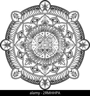 Psychedelic mandala with cannabis leaf ornaments illustrations monochrome vector illustrations for your work logo, merchandise t-shirt, stickers and l Stock Vector