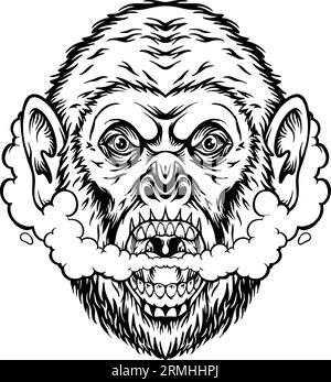 Roaring primate monkey head cannabis smoke puff illustration monochrome vector illustrations for your work logo, merchandise t-shirt, stickers and lab Stock Vector