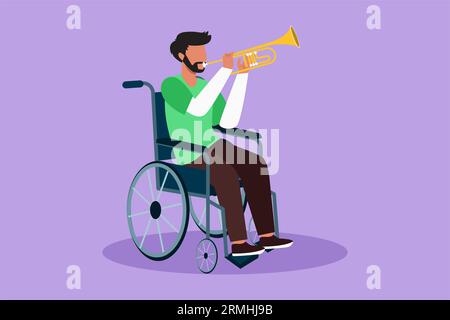 Character flat drawing attractive Arab man in wheelchair playing trumpet during music lesson. Physically disabled. Person in hospital. Rehabilitation Stock Photo