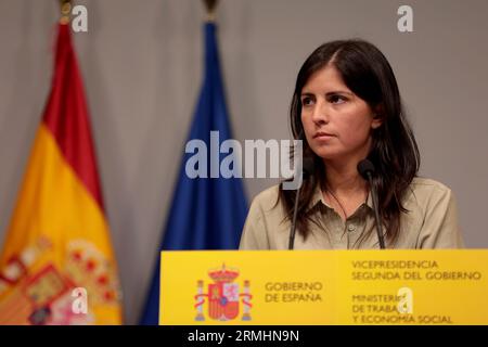 Madrid, Spanien. 28th Aug, 2023. Madrid, Spain; 28.08.2023.- Minister Yolanda Díaz meets with the president of the majority Spanish women's soccer union, FUTPRO, Amanda Gutiérrez, at the Ministry's headquarters. Events around the 'Rubiales' case of the attitude and the kiss given to Jenni Hermoso in the celebration of winning the 2023 Women's Soccer World Cup in Australia and New Zealand Credit: Juan Carlos Rojas/dpa/Alamy Live News Stock Photo