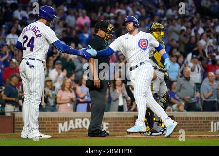 Los Angeles Dodgers center fielder Cody Bellinger (35) congratulates  Chicago Cubs left fielder Joc Pederson (24) after receiving his World  Series ring Stock Photo - Alamy