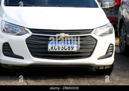 salvador, bahia, brazil - august 21, 2023: vehicle identification plate, model used in Mercursul on an automobile in the city of Salvador. Stock Photo