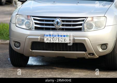 salvador, bahia, brazil - august 21, 2023: vehicle identification plate, model used in Mercursul on an automobile in the city of Salvador. Stock Photo