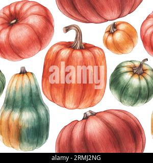Watercolor autumn pattern. Drawn autumn pumpkins on a pink background for holiday and festival items. Pattern for textiles, fabrics, invitations Stock Photo