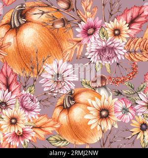 Watercolor autumn pattern. Hand drawn flowers, autumn pumpkins on pink background for holiday and festival items. Pattern for textiles, fabrics, invit Stock Photo