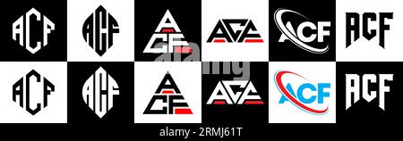 ACF letter logo design in six style. ACF polygon, circle, triangle, hexagon, flat and simple style with black and white color variation letter logo se Stock Vector