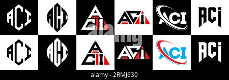 ACI letter logo design in six style. ACI polygon, circle, triangle, hexagon, flat and simple style with black and white color variation letter logo se Stock Vector