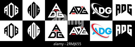 ADG letter logo design in six style. ADG polygon, circle, triangle, hexagon, flat and simple style with black and white color variation letter logo se Stock Vector
