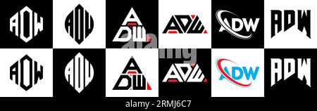 ADW letter logo design in six style. ADW polygon, circle, triangle, hexagon, flat and simple style with black and white color variation letter logo se Stock Vector