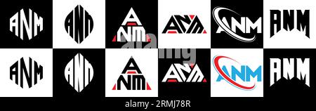 ANM letter logo design in six style. ANM polygon, circle, triangle, hexagon, flat and simple style with black and white color variation letter logo se Stock Vector