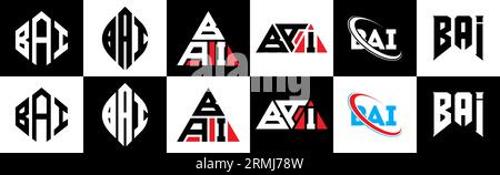 BAI letter logo design in six style. BAI polygon, circle, triangle, hexagon, flat and simple style with black and white color variation letter logo se Stock Vector
